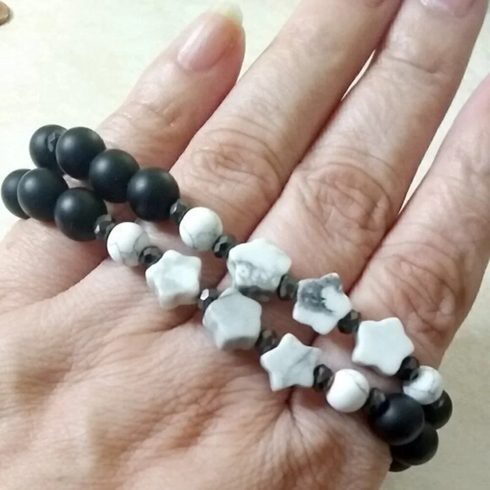 Black Stone + Gray Howlite Stars | Girl Teen Tomboy | Beaded Stretch Bracelet - Picture 3 of 7